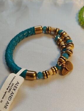 Alex & Ani Bracelet, NEW! Memory Wire, Tagged, Teal Goldtone Beads